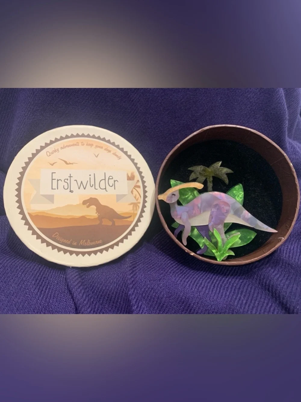 Erstwilder dinosaur brooch - Iridescent Parasaruolophus in Purple and Green